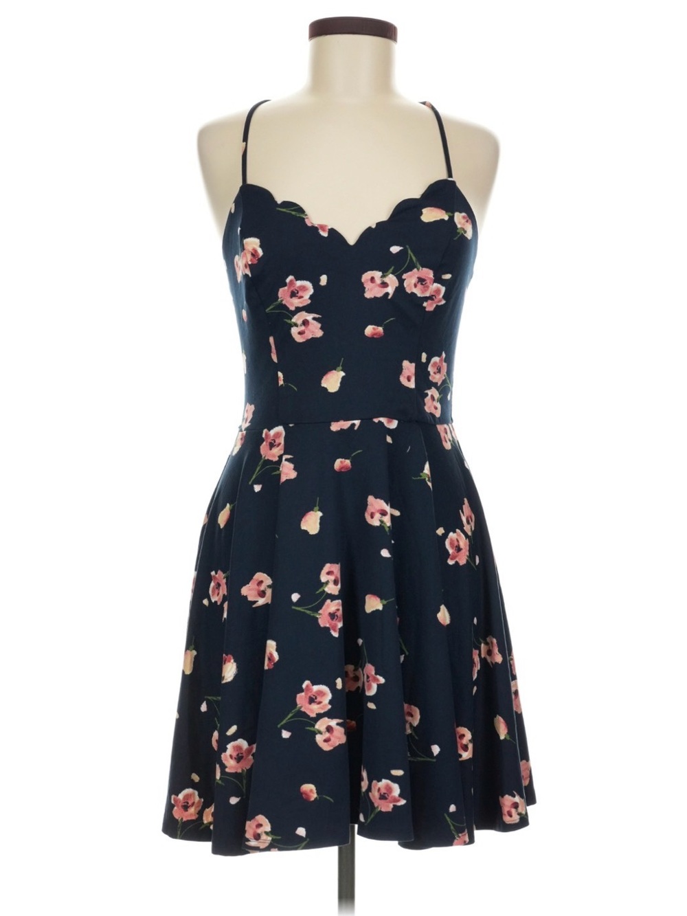 Navy Floral Scallop-Front Mini Dress